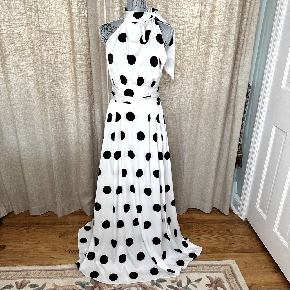 Cynthia Steffe Polka Dot Halter Maxi, white with black polka dots, size 4